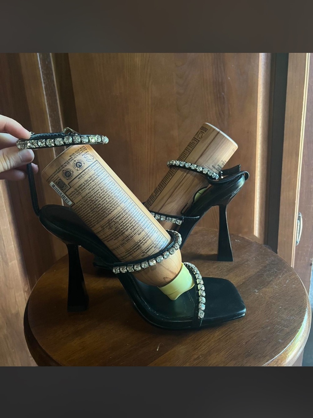 Black Crystal Liliana Strappy, Square Toe High Heel Sandals